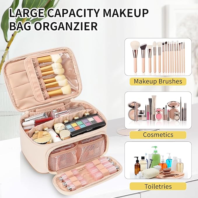 OCHEAL Makeup Bag, Multifunctional Large Compact Organizer Cosmetics Toiletry Brushes Storage Case for Women Girls with Handle Divider - Beige