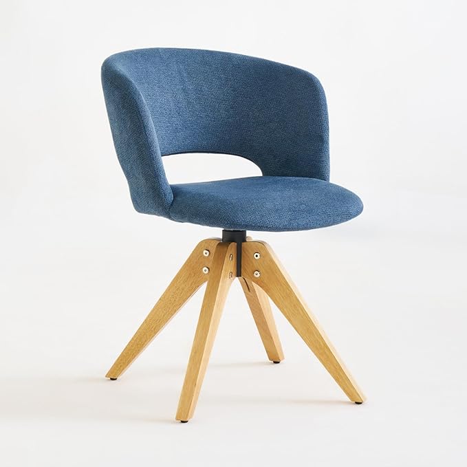 Mid Century Modern Swivel Accent Chair with Solid Wood Legs, Home Office Desk Chair No Wheels, Makeup Chair for Vanity, Upholstered Chair for Bedroom, Blue