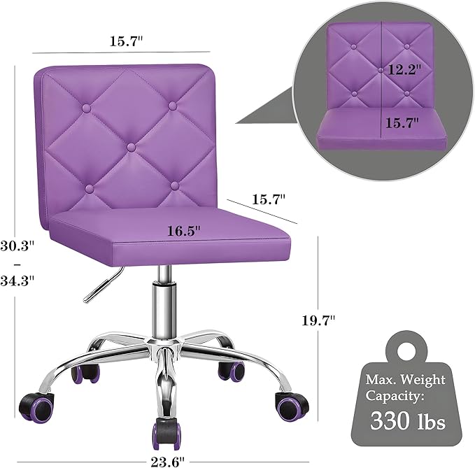 VECELO PU Leather Mid-Back Armless Vanity Chair Adjustable Height 360° Rolling Swivel for Home Office Work