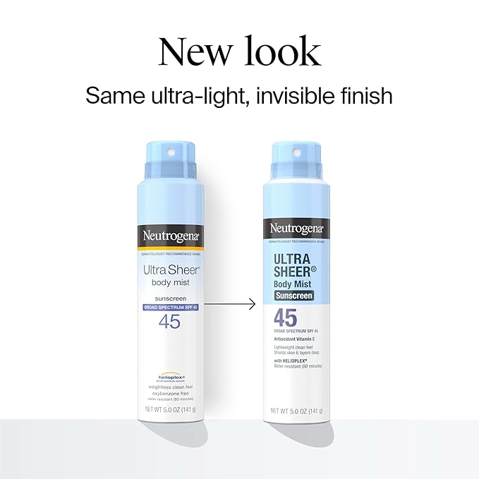 Neutrogena Ultra Sheer Body Mist Sunscreen Spray, Broad Spectrum SPF 45, Lightweight Spray Sunscreen, Non-Greasy & Water Resistant, Oil-Free & Non-Comedogenic UVA/UVB, 5 oz Pack of 3