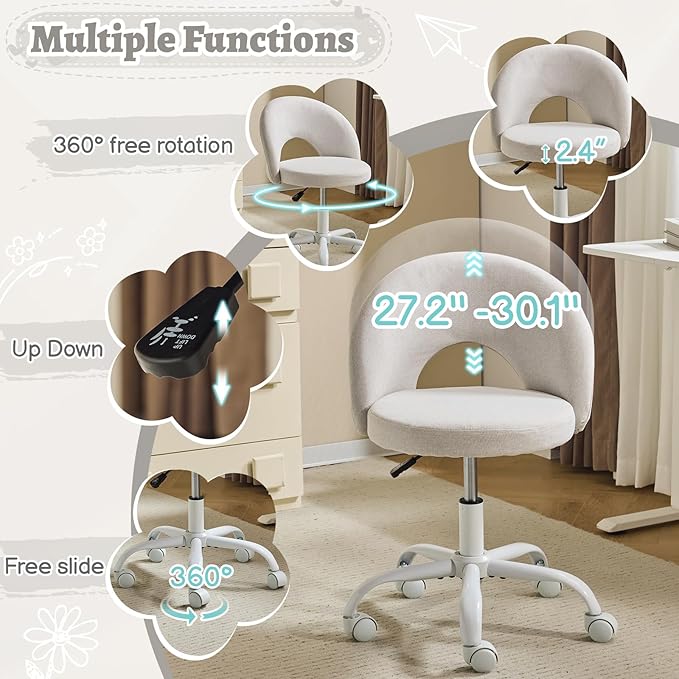 VINGLI Small Vanity Chair with Wheels for Girls.Cute Modern Adjustable Height Armless Office Desk Chair.360°Swivel Comfy Rolling Chair for Study, Make up Room,Small Space,Linen Light Gray