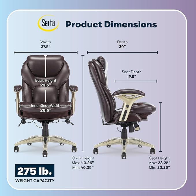 Serta Claremont Ergonomic Executive Office Chair with Back in Motion Technology, Adjustable Mid Back Desk Chair with Lumbar Support, Bonded Leather, Chestnut Brown