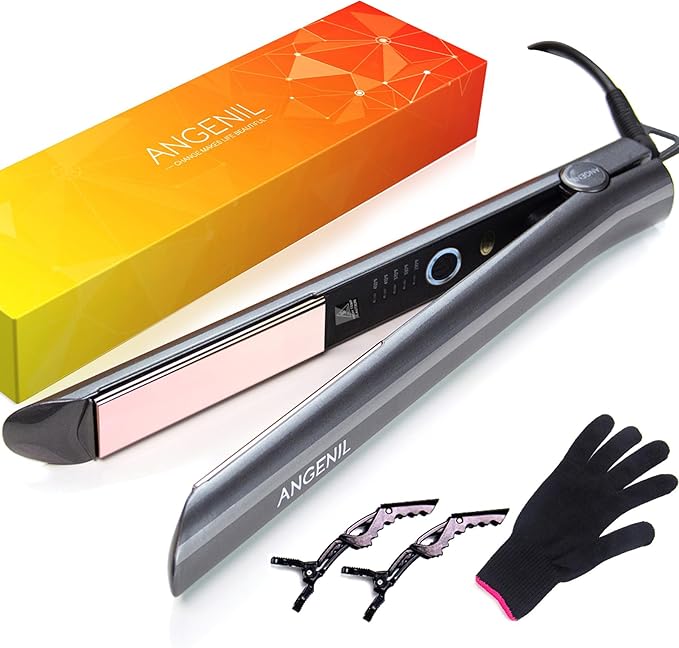 ANGENIL Titanium Flat Iron Hair Straightener and Curler 2-in-1, Professional Flat Iron Curling Iron in One, Dual Voltage Hair Straightening for Women Styling Tools, 30S Fast Heating, (290°F-450°F)