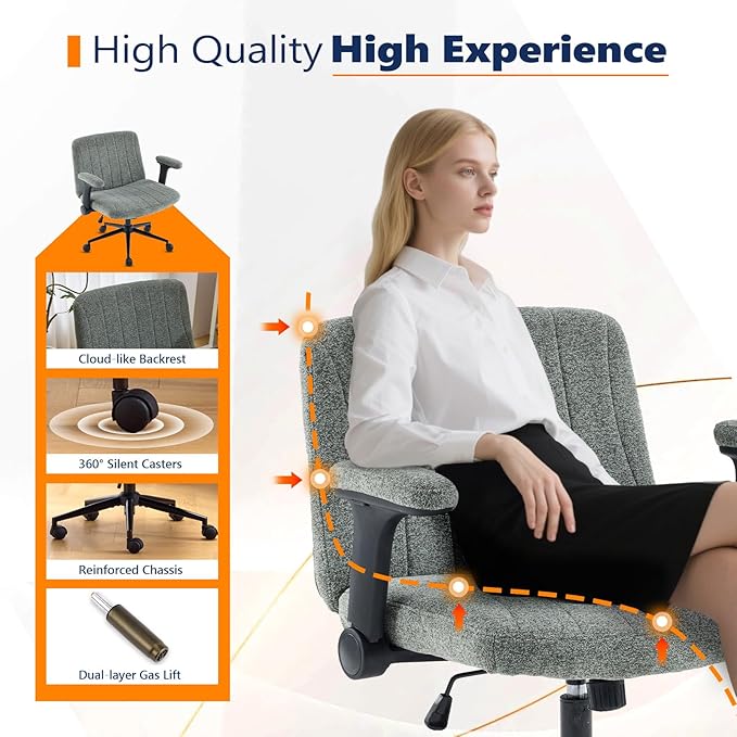 VINGLI Criss Cross Chair with Adjustable Flip-Up Arms,Cross Legged Chair with Wheels, Extra Wide Office Chair,Cozy Desk Chair for Home Office, Vanity, Apartment,Chenille Velvet,Dark Green