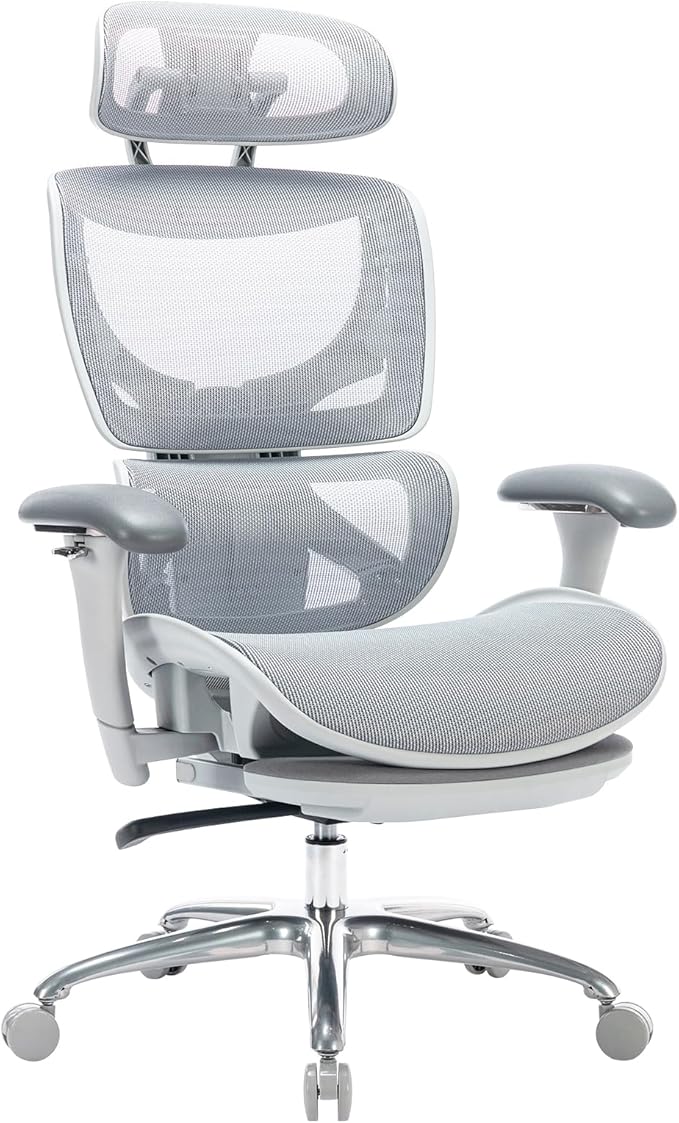 COLAMY Ergonomic Mesh Office Chair, High Back Desk Chair with Footrest, Adjustable Headrest and 3D Arms, Fixed Tilt Lock, Lumbar Support, Breathable Mesh Computer Chair for Home Office,Grey