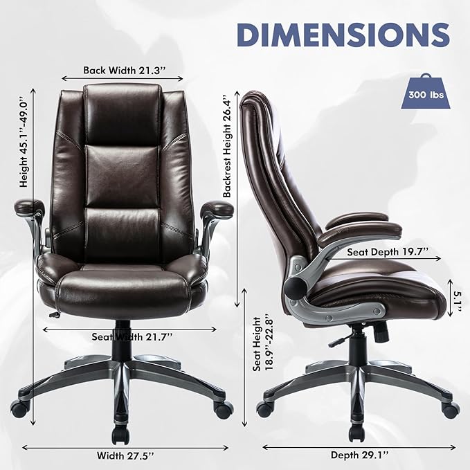 Leather Executive Office Chair - High Back Home Computer Desk Chair with Padded Flip-up Arms, Adjustable Tilt Lock, Swivel Rolling Ergonomic Chair for Adult Working Study, Brown