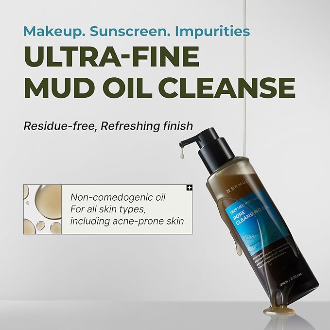 BRMUD Deep Melting Mud Pore Cleansing Oil - Gentle Make Up Facial Oil Cleanser with Boryeong Mud, Sunflower Seed & 7 Fermented Oils - Vegan & Non-Comedogenic Korean Skincare (6.76 fl oz)