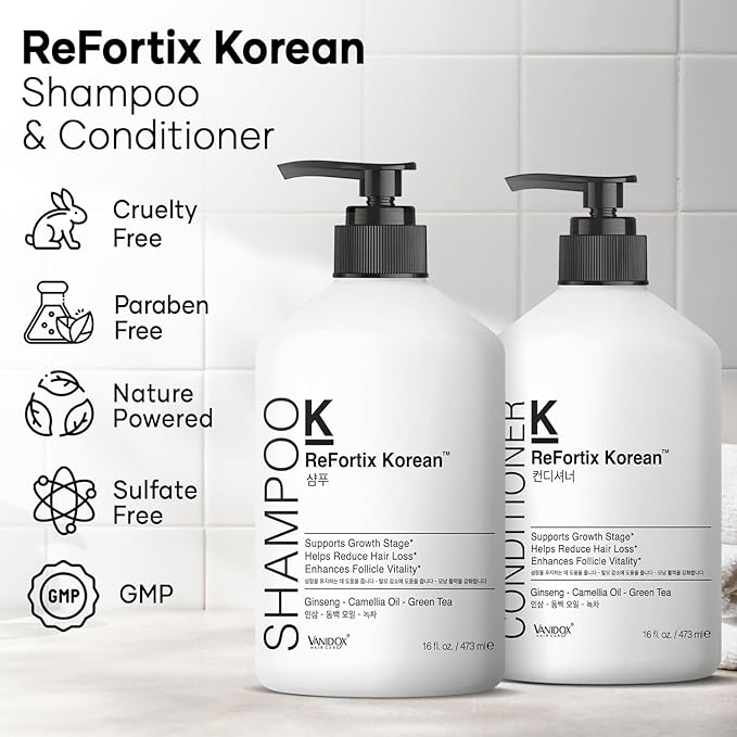 ReFortix Korean Shampoo and Conditioner Set, Enriched with Ginseng, Green Tea, and Camellia Oil, Supports Growth Stage and Helps Reduce Hair Loss for Stronger Hair (16 fl oz each)