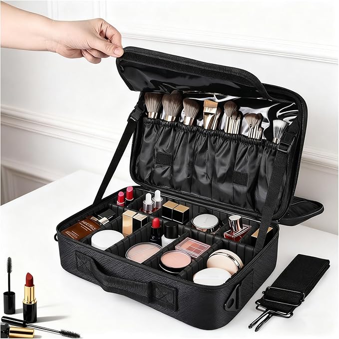 Greenfeather Travel Makeup Bag, Professional Cosmetic Train Case Organizer, Portable Travel Cosmetic Brush Bag Holder Makeup Artist Storage Box with Adjustable Dividers and Shoulder Strap, Black