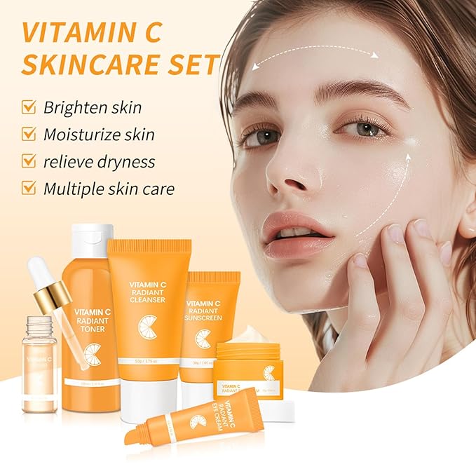 Skin Care Set, Vitamin C Facial Kit for Women, Face Skin Care Kit with Facial Cleanser, Face Serum, Face Cream, Eye Cream, Toner, Sunscreen for Hydrating Skin