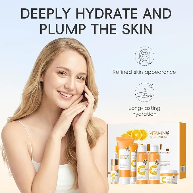 6-Piece Hydrating Skincare Set with Vitamin C & Niacinamide, Full Size Daily Face Care Kit for All Skin Types Includes Toner, Serum, Cleanser, Face Cream, Gift Box for Women and Girls