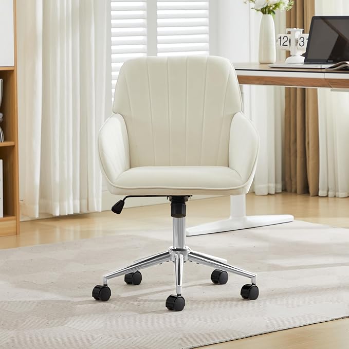 Velvet Home Office Desk Chair, Modern Cute Computer Task Chair with Back, Height Adjustable Upholstered Vanity Chair with Swivel Wheels for Women, Girls (Silver Base, Cream