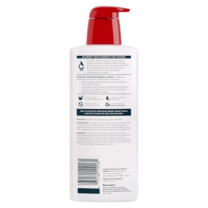 Eucerin Intensive Repair Body Lotion for Dry Skin with Alpha Hydroxy, Body Moisturizer for Very Dry Skin, Moisturizes, Exfoliates and Conditions, Fragrance Free and Paraben Free, 16.9 Fl Oz Bottle