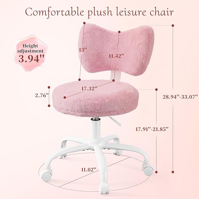 Vanity Chair with Wheels, Pink Desk Chair with Cute Bow Backrest, Fluffy Faux Rabbit Fur Small Office Chair for Vanity, Make-up Room, Bedroom, Dorm, Small Space, Height Adjustable, Pink