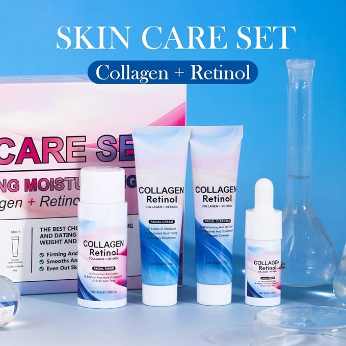 Collagen Retinol Skin Care Set, 4-Piece Anti-Aging Skincare Set Travel Kit with Cleanser, Toner, Serum, Cream for Wrinkles, Fine Lines & Pores, Lifting & Firming Hydrating Skin Gift Set for Women Men