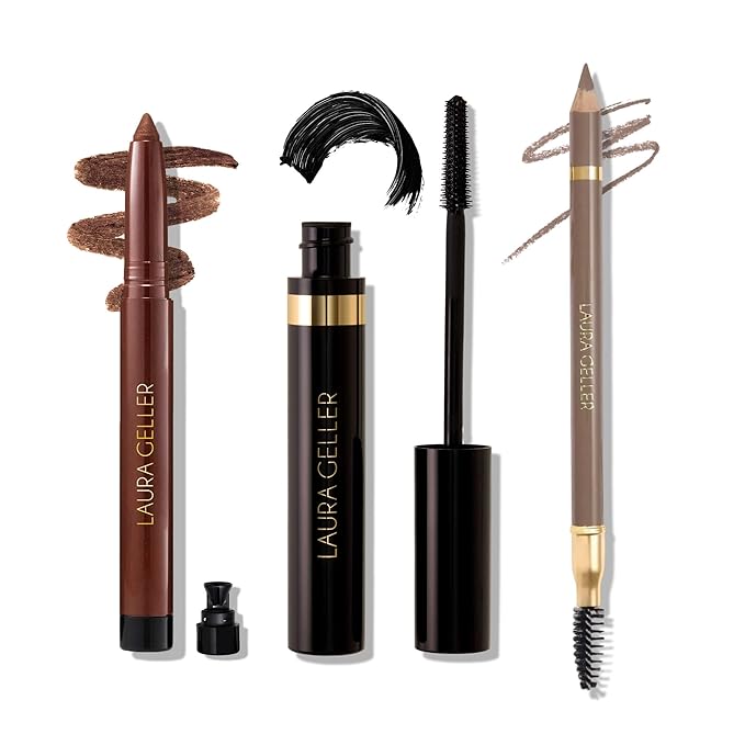 LAURA GELLER Laura’s 3 E’s Eyebrows, Eyelash & Eyeliner Kit for Mature Skin | Taupe | Kajal Longwear Eyeliner, Kajal Longwear Mascara & Bravo Brows Soft Pencil + Brush