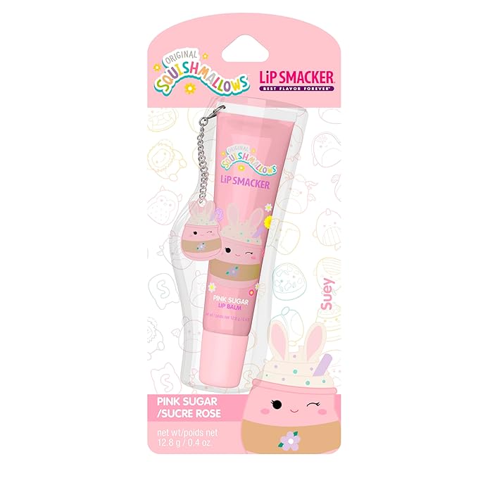 Lip Smacker Squishmallows Lip Balm, Pink Sugar (Suey), Limited Edition Easter Basket Stuffer, Flavored & Scented Lip Balm with Charm, Collectible Spring Gift