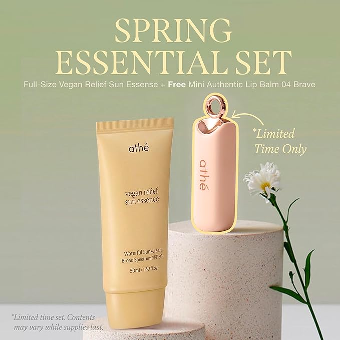 athé Vegan Relief Sun Essence SPF 50+ Broad Spectrum – Lightweight Hydrating Face Sunscreen, No White Cast, Includes Mini Tinted Lip Balm (04 Brave, 0.04 oz) | Vegan K-Beauty (1.69 fl oz)