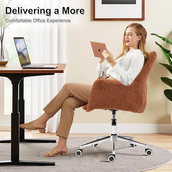 Home Office Desk Chair Swivel Ergonomic Computer Chair with Rolling Wheels, Adjustable Height Accent Armchair Upholstered Chenille for Living Room, Home Office, Study, Make Up, Orange