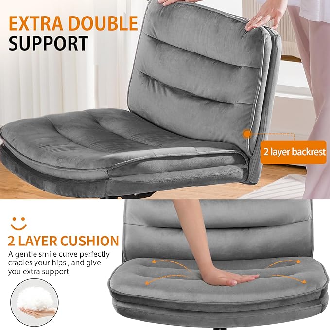 COMHOMA Cross Legged Office Chair with Wheels Armless-Office Desk Chair, Modern Vanity Computer Task Chairs for Home Bedroom, Comfortable Wide Seat for Lower Back Pain Relief, Soft Velvet, Gray