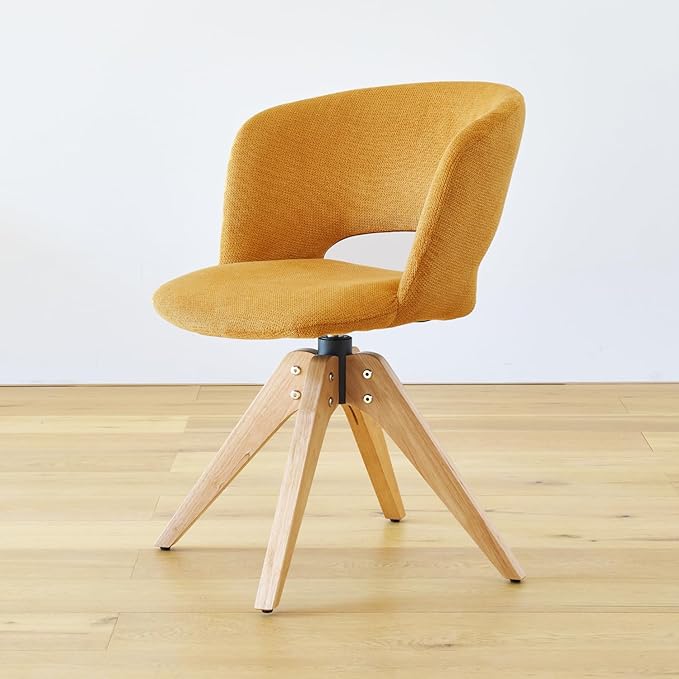 Mid Century Modern Swivel Accent Chair with Solid Wood Legs, Home Office Desk Chair No Wheels, Makeup Chair for Vanity, Upholstered Chair for Bedroom, Yellow
