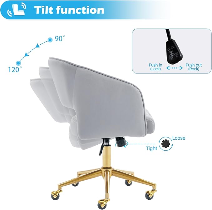 Home Office Chair Swivel Velvet Desk Chair Accent Armchair Upholstered Modern Tufted Chairs with Gold Base for Girls Women Ergonomic Study Seat Computer Task Stools for Living Room(Light Gray)