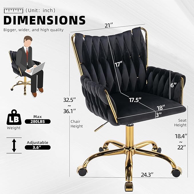 Westice Velvet Desk Chair, Home Office Gold Comfy Chair with Hand Woven High Back, Height Adjustable Swivel Chair with Comfy Upholster for Makeup Vanity Living Room Bedroom, Black