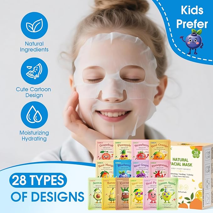 28 Pack Fruit Face Masks Skincare for Kids Girls, Sheet Collagen Face Mask for Women Skin Care, Bulk Hydrating Facial Mask for All Skin Types, Easter Basket Stuffers and Party Spa Gifts for Teens