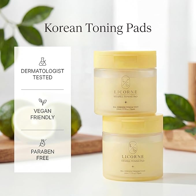 Licorne Vitafill Toning Pads (70 Count) - Idebenone & Vitamin C Glow Boosting Toner Pads for Dullness & Uneven Skin Tone - Korean Exfoliating Face Pads with Niacinamide for Daily Radiance