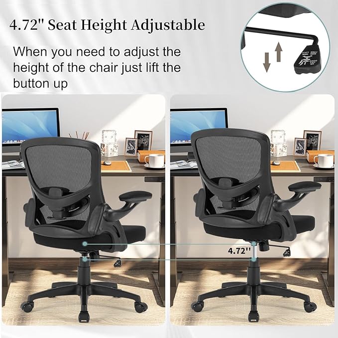 Ergonomic Office Chair Comfy, Mesh Desk Chair with Flip up Armrests, Swivel Computer Desk Chair with Adjustable Lumbar Support and Height for Home Office, 300 lbs Capacity