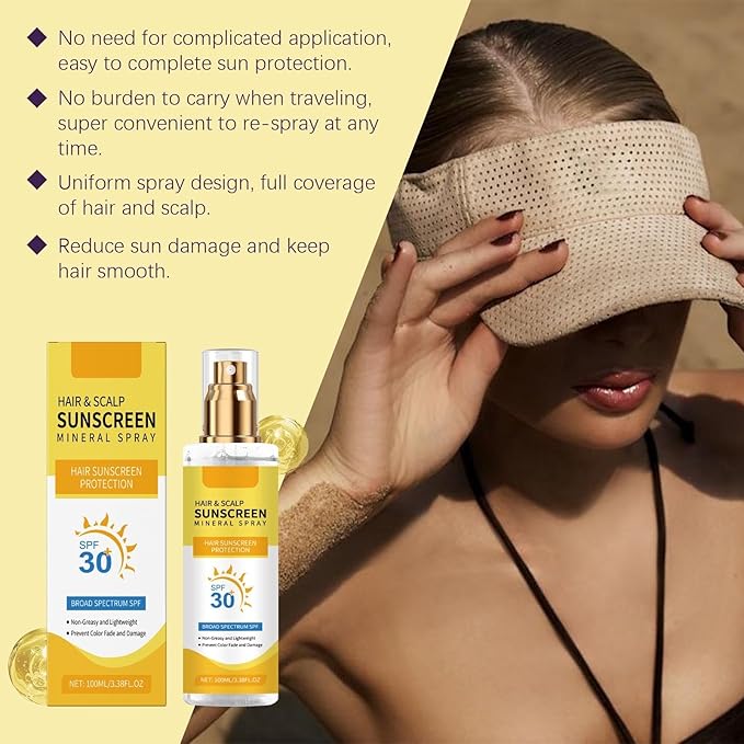 Hair & Scalp Sunscreen Spray SPF 30 Non-Greasy - UV Protection for Color-Treated Hair, Travel-Size Scalp Sunblock Prevents Fading & Dryness, Beach Pool Essential for All Hair Types 3.38oz (2)