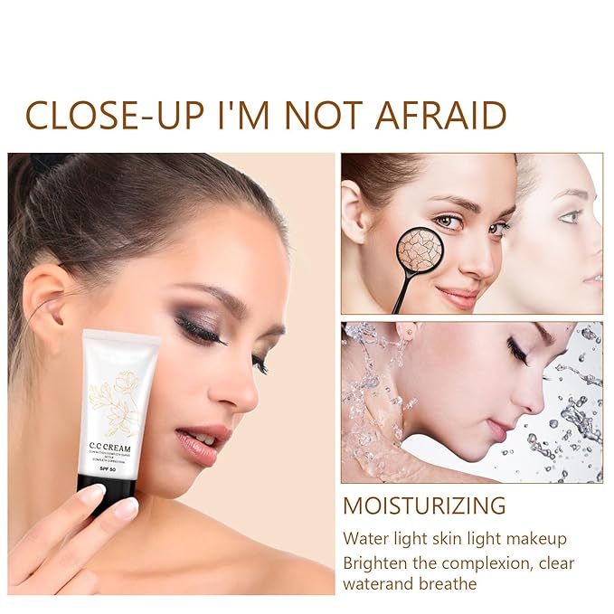 Korean Cc Cream Self Adjusting for Mature Skin, Cc Cream Tinted Moisturizer with Spf 50 Full Coverage, Organic Cc Cream Sunscreen Foundation and Concealer for Face and Body Color Correcting (2PCS)