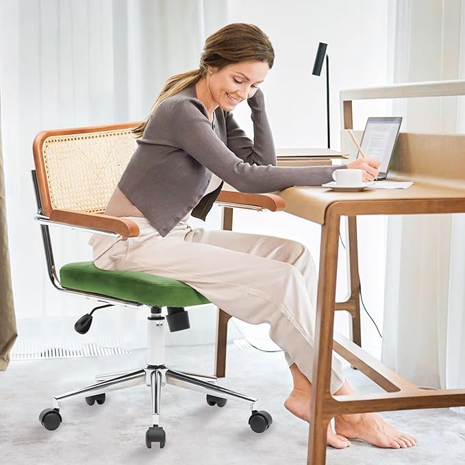 Rattan Office Chairs, Modern Rattan Desk Chair with Natural Back & Wood Armrest, Small Upholstered Tufted Leather Home Office Desk Chairs for Home Office, Bedroom, Study, Green