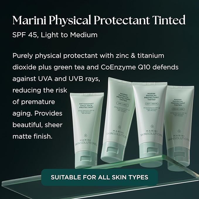 Marini SkinSolutions Physical Protectant Tinted - Light to Medium - Broad-Spectrum SPF 45 Sunscreen - Water Resistant (80 Minutes) - All Skin Types - Cruelty Free - Made in the USA - 2 oz