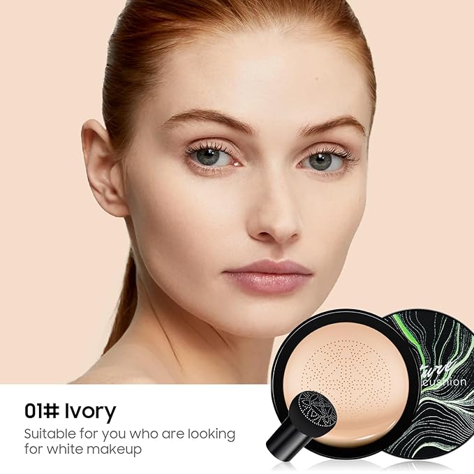 Mushroom Head Air Cushion CC Cream - Tattoo Cover up Moisturizing BB Creams Foundation, Long-Lasting Waterproof Concealer Full Coverage for Even Skin Tone (Ivory, 1 PCS)
