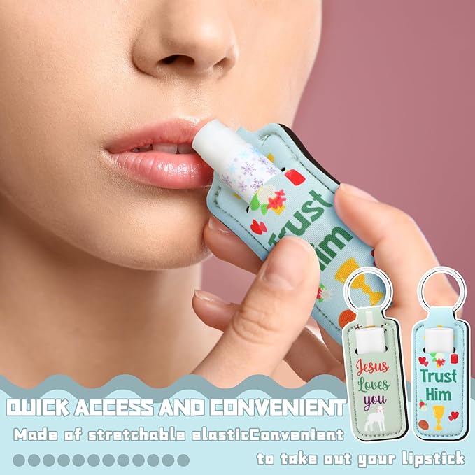 72 Pcs Christian Bible Lipstick Holder Key Chain Lip Balm Holder Gift Bulk with Metal Ring Lipstick Lip Gloss Pouch Religious Party Bible Inspiration Gift for Women Man Church(Cute)