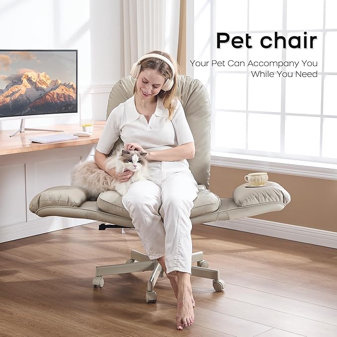 Criss Cross Chair with Armrests & Wheels for Cross-Legged Sitting, Comfortable Adjustable Swivel Office Desk Chair –PU Leather Vanity Chair for Home, Makeup and Bedroom (Cream)
