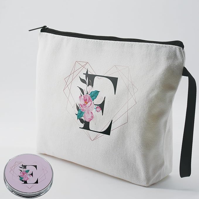 Personalized Initial E floral Makeup Bag set with Mirror for Women,White Ietter E Bride Bridesmaid travel Cosmetic bag kit with10 pieces pink brush set,Initial Gifts for Girls Mom femal Friends