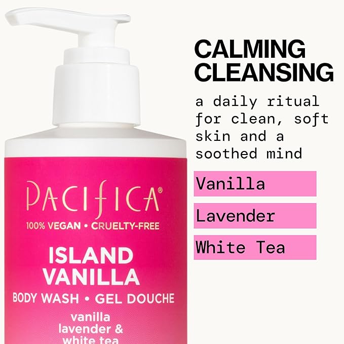 Pacifica Island Vanilla Body Wash Aloe + Hyaluronic Acid,Daily Cleansing,Bath&Shower Gel,Essential Oils,Clean,Vegan + Cruelty&Paraben Free,Clean Beauty Vegan Dermatologist Tested,12 Fl Oz,(Pack of 2)