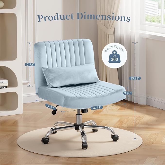 Criss Cross Office Chair with Wheels, Velvet Cross Legged Desk Chair for Bedroom, Armless Computer Chair, Modern Vanity Chair, Festival for Adults, Light Blue