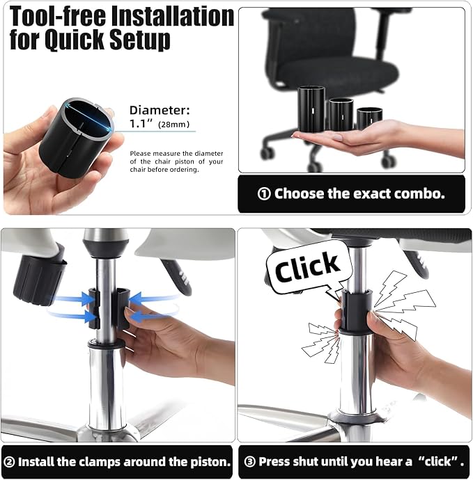 Office Chair Cylinder Replacement - Sytopia Fix Sinking Office Chairs, 4 Pieces Clamps Prevent Office Chair Cylinder from Sinking, up to 5 Inches, No Tools required, Only fits 28mm Piston