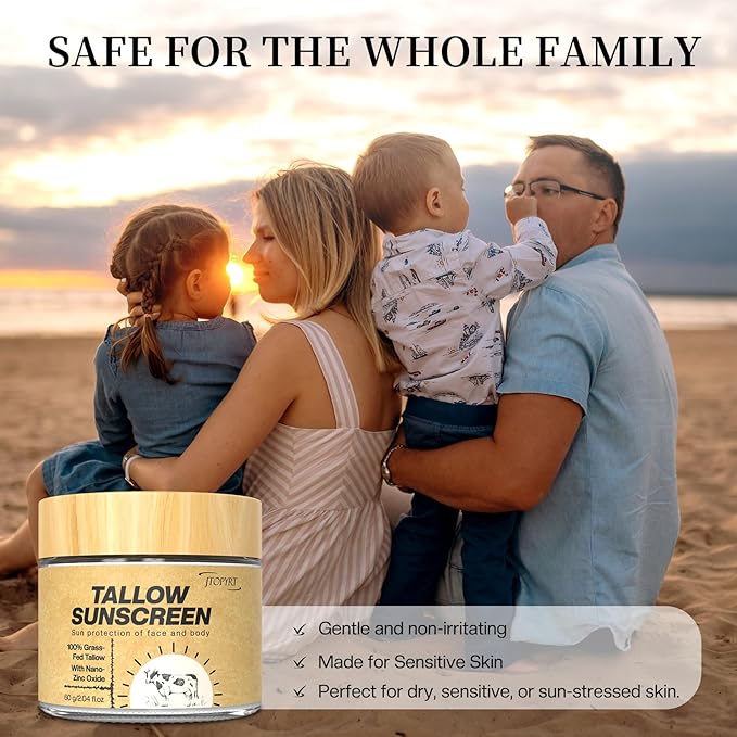 Beef Tallow Sunscreen: Tallow with Zinc Oxide & Beeswax - Natural Moisturizing Protection for Dry Sensitive Skin & All Ages, Non-Greasy Formula 60g
