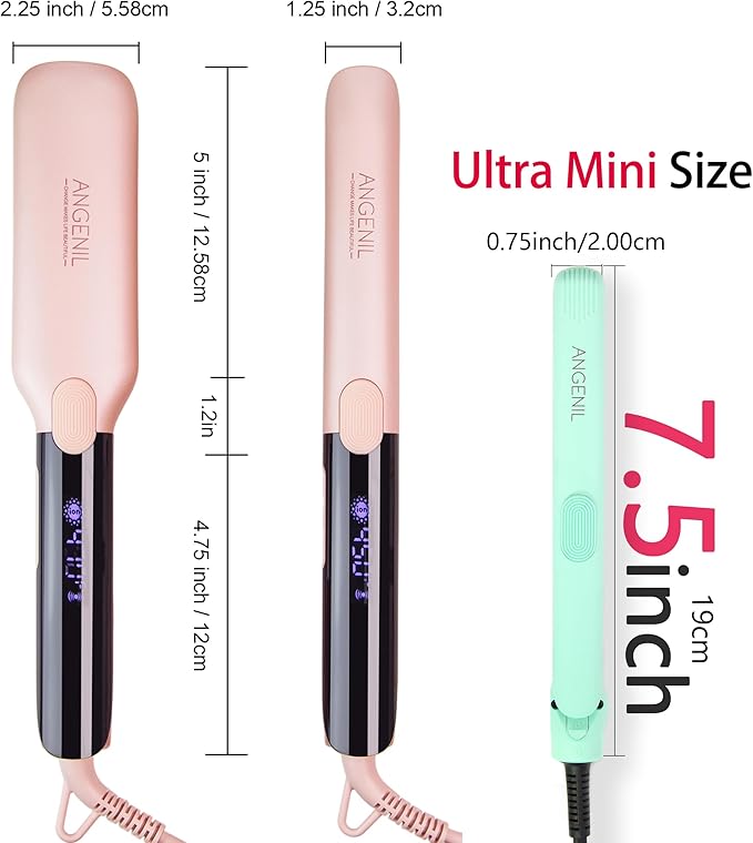ANGENIL Pro Ultra Mini Titanium Flat Iron Hair Straightener and Curler 2 in 1, Dual Voltage Mini Hair Iron, 0.7 inch 20S Fast Heat Small Hair Straightener, Suitable for Short Hair and Bangs