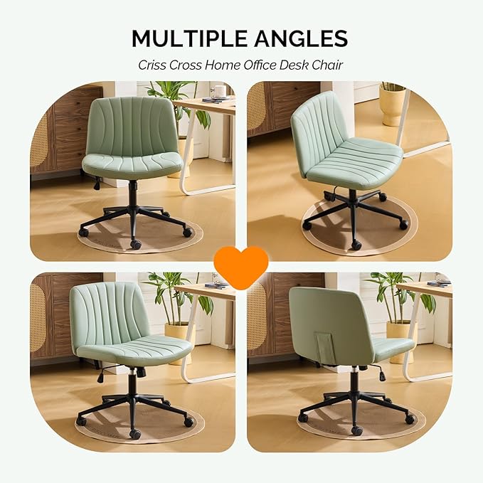 VINGLI Criss Cross Legged Chair,Wide Comfy Office Desk Chair,Dual-Use with/no Wheels Computer Task Chair,Swivel Armless Vanity Rolling Chair for Study,Make Up,Home Office,Cat Scratch PU,Mint Green