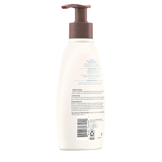 Aveeno Sheer Hydration Daily Moisturizing Fragrance-Free Lotion with Nourishing Prebiotic Oat, Fast-Absorbing Body Moisturizer for Dry Skin with Lightweight, Breathable Feel, 12 fl. oz (Pack of 2)