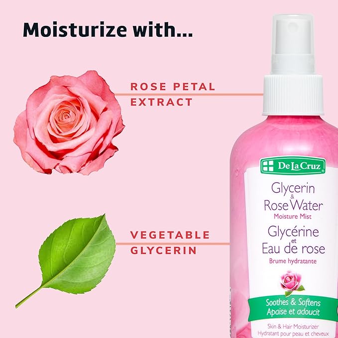 De La Cruz Rose Water and Glycerin for Face, Rosewater Facial Toner & Moisturizer for Skin & Hair, Rose Water for Hair, 2-Bottle Bundle - 16oz & 8oz, Made in USA.