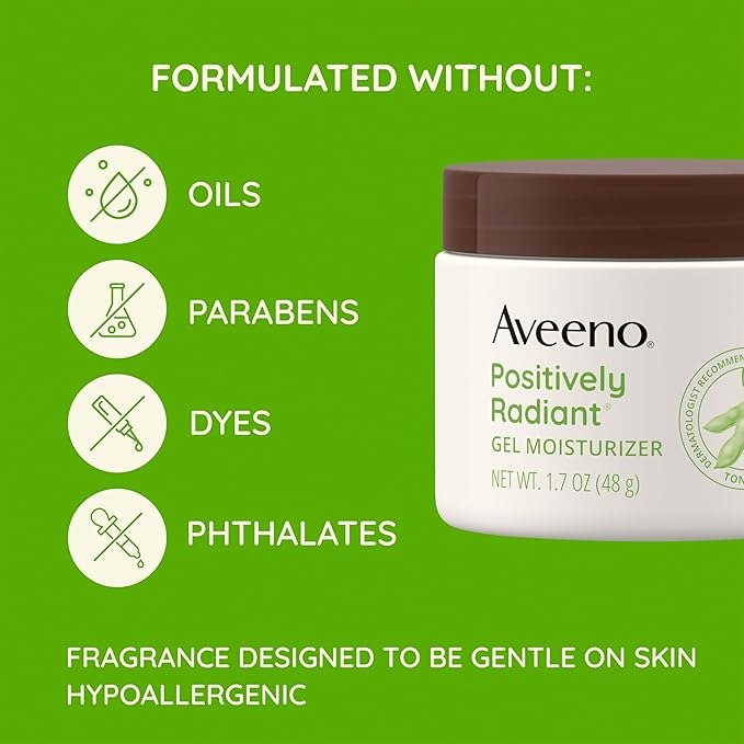 Aveeno Positively Radiant Brightening Gel Facial Moisturizer with Hyaluronic Acid & Tone-Correcting Soy, Hydrates for 48 Hours to Even Skin Tone & Texture, 1.7 oz