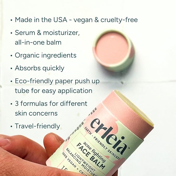 Erleia Solid Face Balm, Anti-Aging Facial Moisturizer, Vegan Cruelty-Free Plastic-Free, Travel-Friendly Skincare, Sustainably Sourced Ingredients