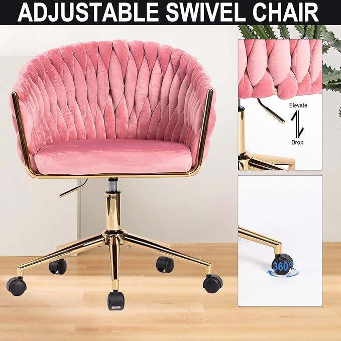 Cute Velvet Office Chair with Back and Golden Wheels, 360° Swivel Small Office Desk Chair Makeup Vanity Chair for Bedroom, Pink Rolling Chair