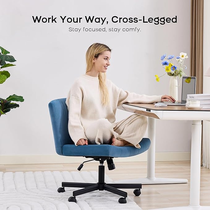 LukkDys Criss Cross Chair with Wheels, Wide Cross Legged Desk Chair, Comfy Fabric Vanity Chair for Home Office Bedroom, Adjustable Armless Swivel Task Chair with 90–115° Tilt, Denim Blue